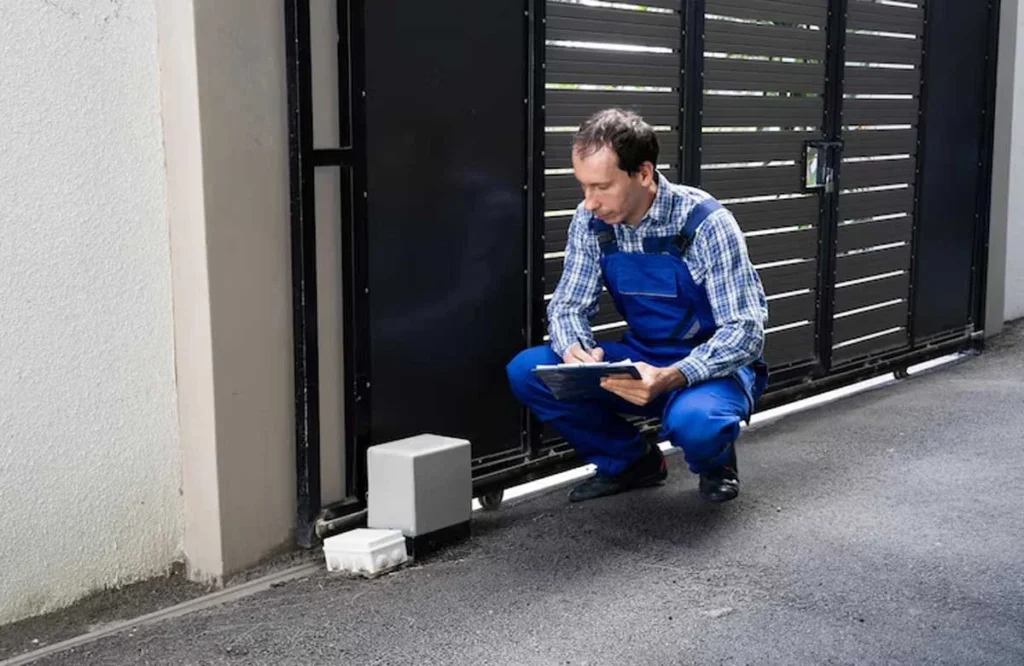 Certified specialist inspecting an automatic gate system as part of our reliable residential gate repair services. We handle both manual and motorized gate repairs with precision and care.