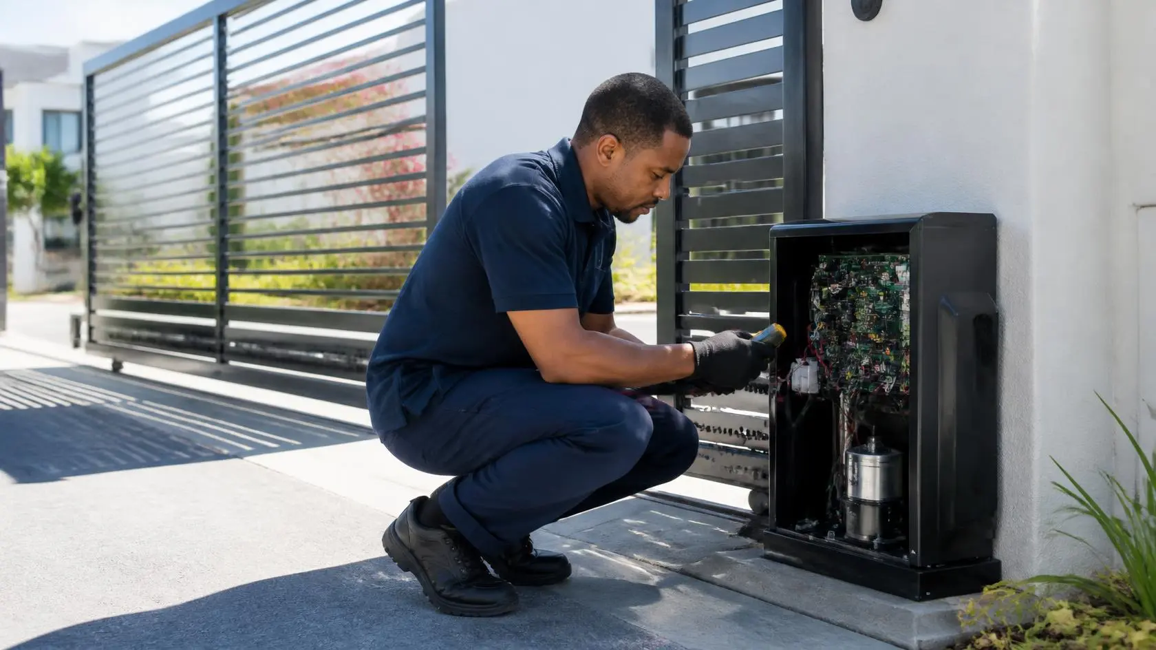 Automatic gate repair technician inspecting a residential gate in Houston
