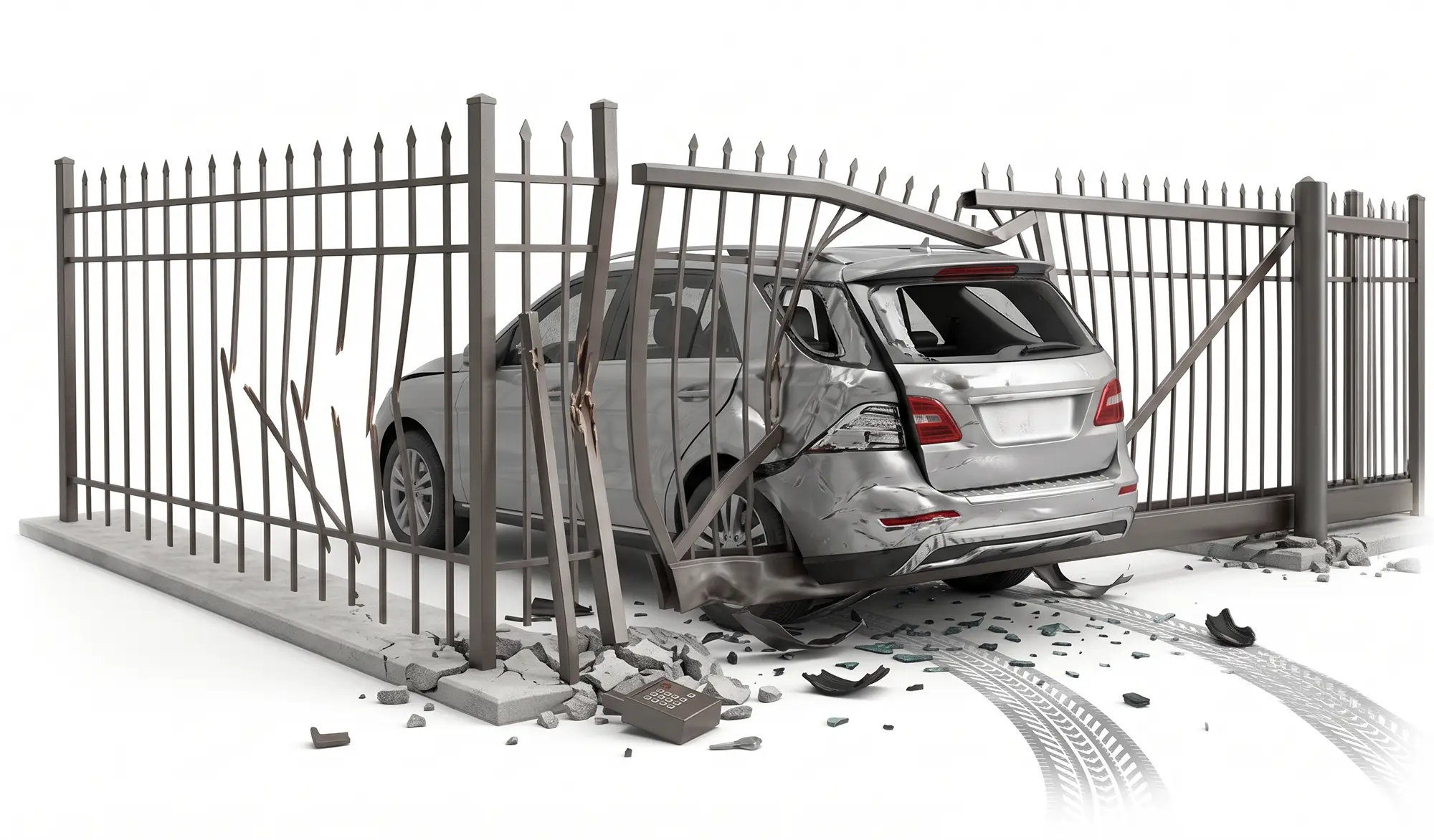 Emergency gate and fence repair after vehicle collision in Houston Texas